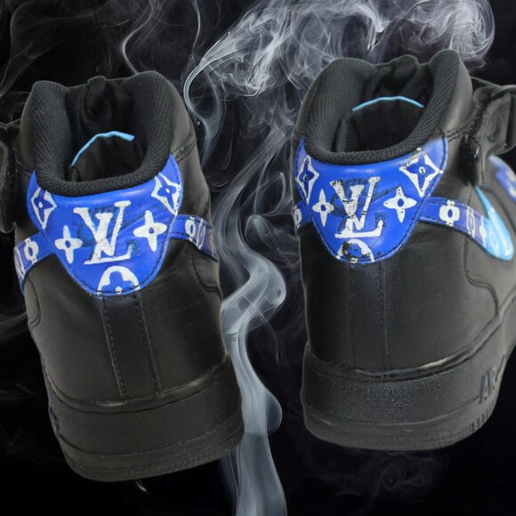 Nike AF1 Leather Custom Hand Painted Blue On Black Louis Vuitton Logo, Size 13 - Picture 8 of 9